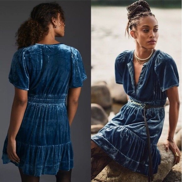 By Anthropologie The Somerset Mini Dress Velvet Edition Blue Motif MP Flirty - Picture 2 of 9